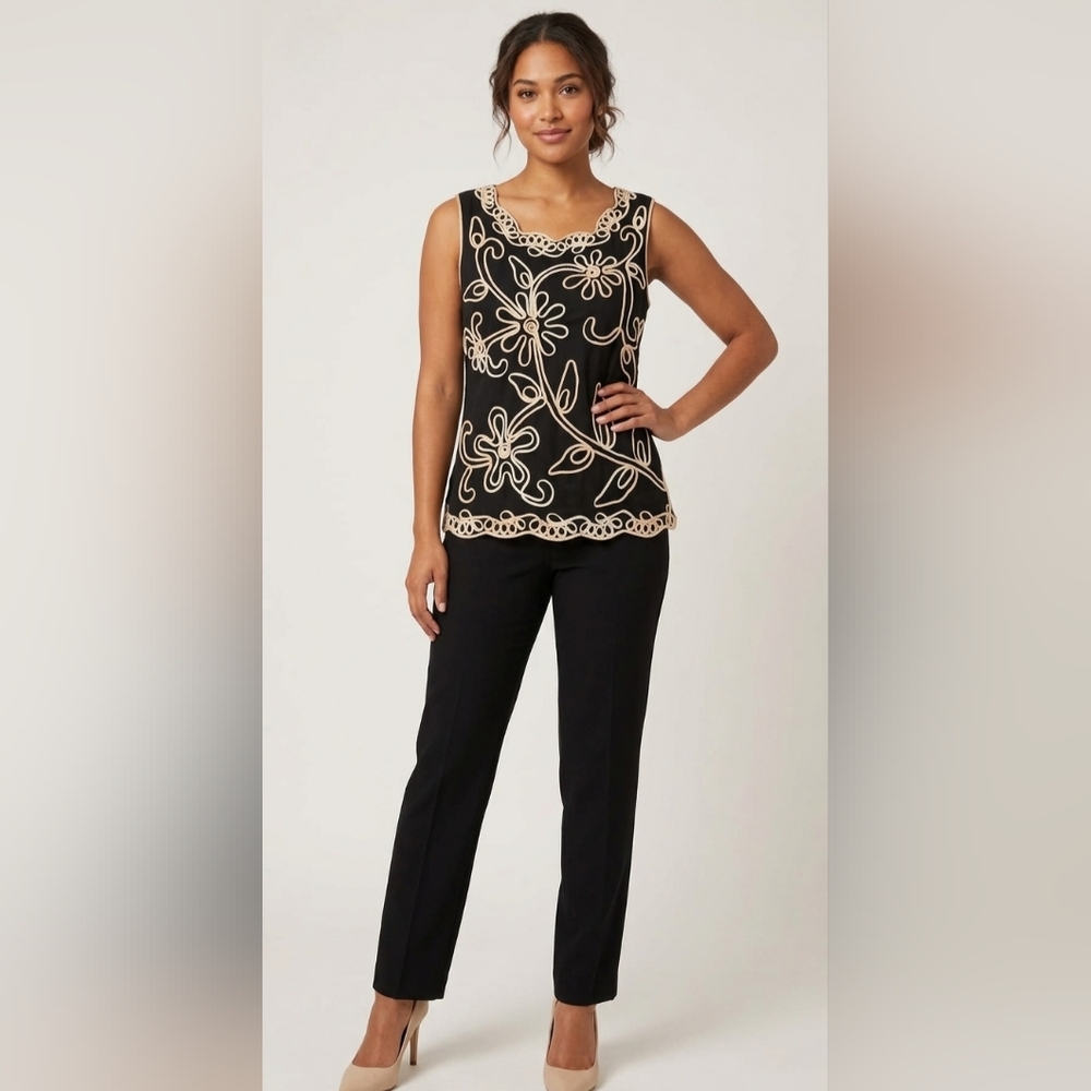 Vintage Lauren Michelle Soutache Embroidered Top Black Cream Floral Sleeveless S